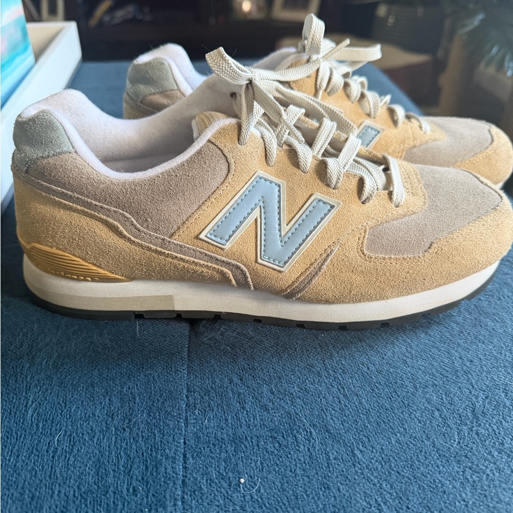New Balance Beige and Light Blue Suede Sneakers